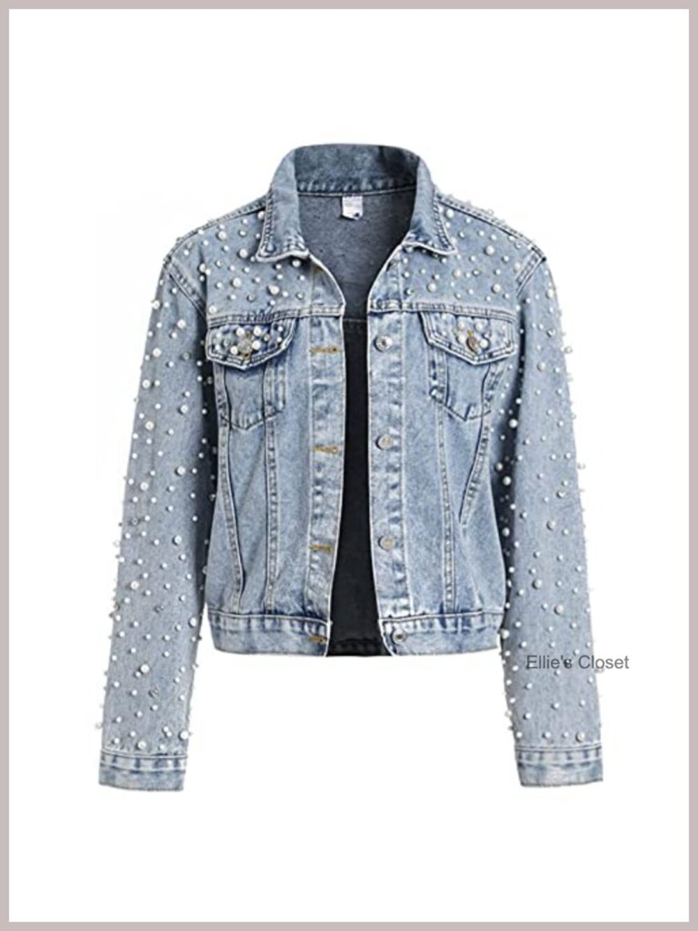 Women's Pearls Denim Jacket Cropped Rhinestones Jean Jacket Coat